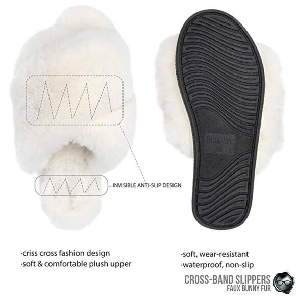 FUZZY FAUX BUNNY FUR CROSS BAND SLIPPERS IN IVORY NON-SLIP SIZE SMALL 5.5 - 6.5 - Picture 9 of 15